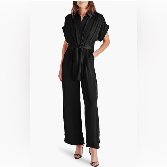 Steve Madden Pants - Steve Madden Tori Tie Waist Wide Leg Satin Black Jumpsuit Size XS NWOT